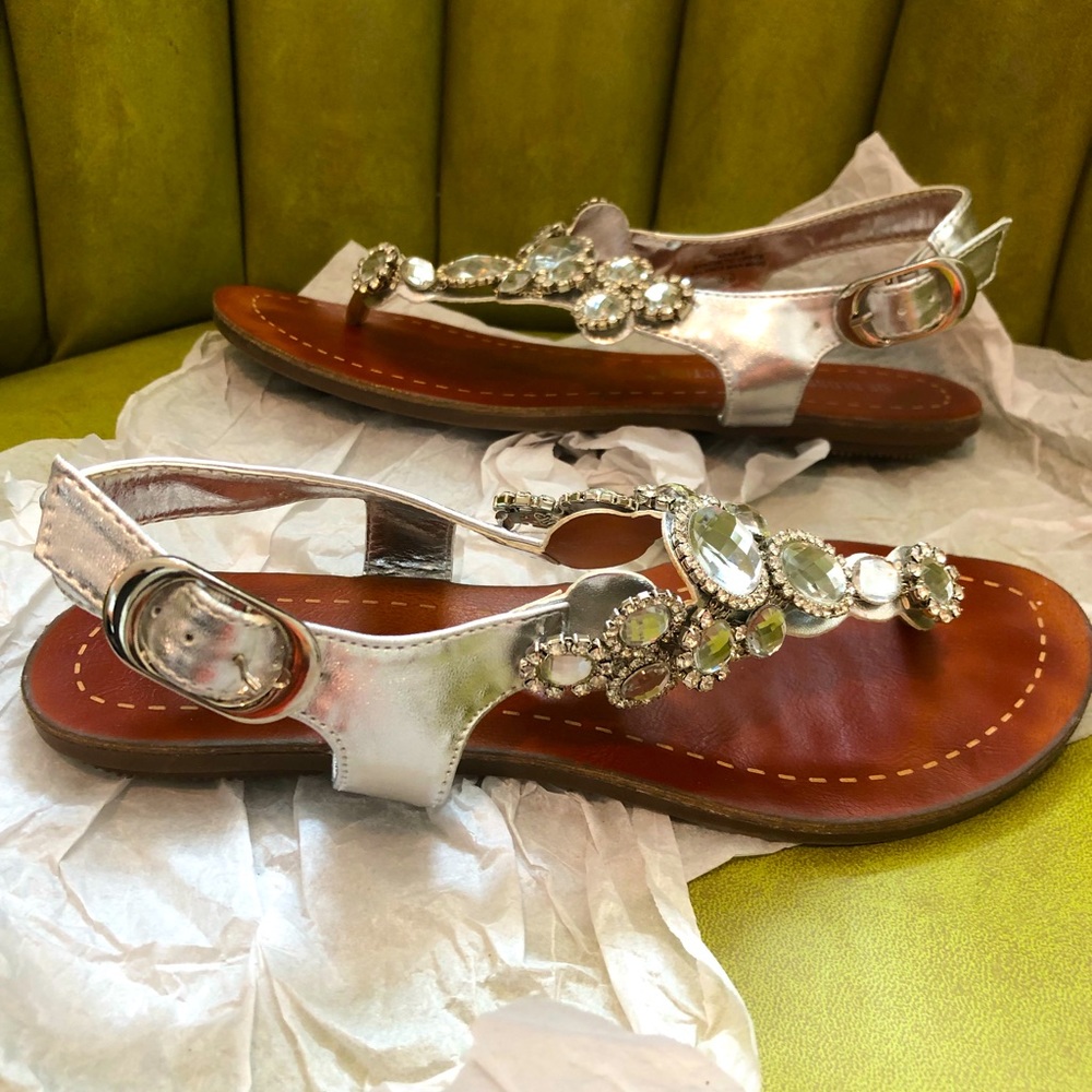 Rhinestone / Crystal Wrapped Silver Flat Sandals (6.5)